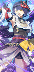 1girl armpits bird_mask black_hair black_wings blue_sky breast_curtain detached_sleeves feathered_wings genshin_impact hand_up highres japanese_clothes kujou_sara long_sleeves looking_afar mask mask_on_head obi open_mouth outdoors red_mask sash shibuki_kamone short_hair sky solo standing teeth tengu tongue upper_teeth_only vision_(genshin_impact) wide_sleeves wings yellow_eyes