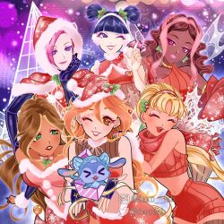 &gt;_&lt; 6+girls ^_^ adapted_costume aisha_(winx_club) animal animal_costume animal_print arm_warmers asian asymmetrical_hair bare_arms bare_shoulders black_arm_warmers black_gloves black_hair black_shirt blonde_hair bloom_(winx_club) blunt_bangs blunt_ends bow bow_choker bowtie braid breasts bright_pupils brown_hair buttons cape capelet chocofish choker christmas cleavage closed_eyes closed_mouth clothed_animal collared_capelet colored_skin cowboy_shot crop_top dark-skinned_female dark_skin detached_sleeves earmuffs elbow_gloves eyes_visible_through_hair eyeshadow fairy fingerless_gloves flora_(winx_club) fur-trimmed_arm_warmers fur-trimmed_cape fur-trimmed_capelet fur-trimmed_headwear fur-trimmed_shirt fur-trimmed_skirt fur_trim gift gloves gold_choker grey_leotard grey_thighhighs hair_between_eyes hair_bobbles hair_ornament hair_over_one_eye hairband hand_on_own_chin hand_on_own_hip hands_on_another&#039;s_shoulders hat hat_ornament hat_ribbon holding holding_gift holly_hair_ornament holly_hat_ornament kiko_(winx_club) leaning_forward leotard leotard_under_clothes light_particles lipstick long_sleeves looking_at_another looking_at_viewer low_twintails magical_girl makeup midriff miniskirt multicolored_hair multicolored_skin multiple_girls musa_(winx_club) navel neck_ribbon one_eye_closed open_mouth outline parted_bangs pink_eyes pink_eyeshadow pink_hair pink_leotard pink_lips pink_pupils pom_pom_(clothes) puffy_long_sleeves puffy_sleeves purple_background purple_eyes rabbit red_bow red_bowtie red_cape red_capelet red_choker red_hairband red_hat red_lips red_ribbon red_scarf red_shirt red_shorts red_skirt red_sleeves ribbon santa_hat scarf shirt short_hair short_shorts short_twintails shorts single_strap skirt skirt_set sleeveless sleeveless_shirt smile snowflake_print snowing standing stella_(winx_club) strapless strapless_leotard streaked_hair striped_clothes striped_leotard striped_shirt striped_shorts striped_thighhighs tecna_(winx_club) teeth thighhighs tiger_costume tiger_print turtleneck turtleneck_shirt twin_braids twintails two-tone_hair two-tone_skin upper_teeth_only vertical-striped_clothes vertical-striped_leotard vertical-striped_shirt vertical-striped_shorts vertical-striped_thighhighs very_dark_skin wavy_hair white_outline white_pupils white_ribbon winx_club yellow_pupils