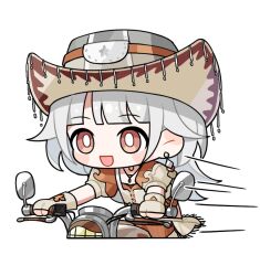 1girl adventure_ride_(infinity_nikki) artist_request blunt_bangs blush_stickers bright_pupils brown_eyes brown_gloves brown_pants brown_sleeves brown_vest chibi cowboy_hat cowgirl_(western) cropped_legs cropped_shirt cross-laced_clothes cross-laced_top earrings fingerless_gloves floating_clothes fringe_trim gloves grey_hair grey_hat happy hat infinity_nikki jewelry long_hair looking_ahead motion_lines motor_vehicle motorcycle necklace nikki_(series) official_art on_motorcycle open_mouth orange_shirt orange_shorts pants puffy_short_sleeves puffy_sleeves ribbon-trimmed_headwear ribbon_trim riding shirt short_sleeves shorts single_earring smile solo speed_lines star_(symbol) star_print tareme transparent_background two-sided_fabric two-sided_headwear two-tone_sleeves vest white_hat white_pupils
