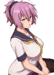 1girl aoba_(kancolle) black_scrunchie green_eyes grey_sailor_collar grey_shorts highres ikadamo kantai_collection looking_at_viewer messy_hair neckerchief ponytail purple_hair sailor_collar sailor_shirt scrunchie shirt short_hair shorts simple_background solo white_background yellow_neckerchief