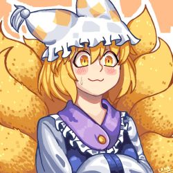 1girl animal_ears animal_hat blonde_hair dress female_focus fox_ears fox_tail hanaarts hat kitsune multiple_tails short_hair simple_background solo tail touhou white_dress yakumo_ran yellow_eyes