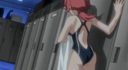 00s 1boy 1girl animated animated_gif aoi_anna ass bare_legs bare_shoulders breasts competition_swimsuit frown glasses legs one-piece_swimsuit saruwatari_goo shinkon_gattai_godannar!! swimsuit thighs