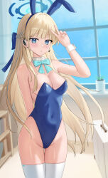 1girl animal_ears arm_behind_back arm_up bare_arms bare_shoulders blonde_hair blue_archive blue_bow blue_bowtie blue_eyes blue_hair blue_hairband blue_leotard blue_sky blunt_bangs blurry blurry_background blush book bow bowtie braid breasts cleavage commentary covered_navel cowboy_shot curtains day detached_collar fake_animal_ears groin hair_bow hairband half_up_braid headset highleg highleg_leotard highres indoors leotard long_hair looking_at_viewer medium_breasts microphone multicolored_hair official_alternate_costume parted_lips plant playboy_bunny potted_plant rabbit_ears shelf sky solo standing strapless strapless_leotard streaked_hair suitcase thigh_gap thighhighs toki_(blue_archive) toki_(bunny)_(blue_archive) v veilion very_long_hair white_thighhighs window wrist_cuffs