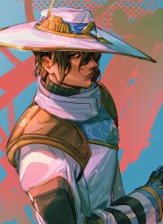 1boy beard_stubble black_gloves brown_eyes brown_hair cypher_(valorant) dark-skinned_male dark_skin facial_hair frown gloves hair_behind_ear hat highres jacket looking_at_viewer male_focus solo stubble thundergotch valorant white_hat white_jacket