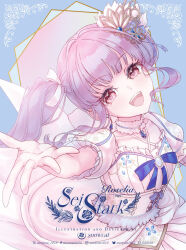 1girl bang_dream! blue_background blue_brooch blue_ribbon choker commentary corset dress earrings fur_choker hair_ornament highres jewelry long_hair looking_at_viewer open_mouth pink_eyes puffy_short_sleeves puffy_sleeves purple_hair ribbon short_sleeves sidelocks smile solo teeth twintails udagawa_ako upper_teeth_only white_choker white_corset white_dress yue_mao_(yukinihime)