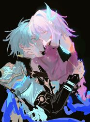 Rule 34 | 1boy, 1girl, armor, black background, black coat, blue eyes, closed mouth, coat, commentary request, couple, cyrene (honkai: star rail), hand on another&#039;s back, hand on another&#039;s cheek, hand on another&#039;s face, hetero, highres, honkai: star rail, honkai (series), looking at another, medium hair, parted lips, pauldrons, phainon (honkai: star rail), pink hair, purple coat, qingyuuuu0 0, short hair, shoulder armor, simple background, single pauldron, tears, white hair