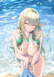 1girl beach bikini blonde_hair blush breasts chest_jewel cleavage closed_mouth collarbone commentary_request core_crystal_(xenoblade) cowboy_shot earrings highres jewelry large_breasts long_hair looking_at_viewer mythra_(xenoblade) navel pov revealing_clothes sofusan1526 solo swimsuit tearing_up tears topless_female unworn_bikini_top upper_body water white_bikini xenoblade_chronicles_(series) xenoblade_chronicles_2 yellow_eyes