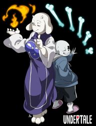 1boy 1girl ;) animal_ears back-to-back barefoot black_background black_shorts blue_jacket body_fur bone cel_shading commentary copyright_name drawstring fewer_digits fire floating floating_object floppy_ears from_above full_body furry furry_female goat_ears goat_girl goat_horns grin hand_in_pocket height_difference highres hood hood_down hooded_jacket horns index_finger_raised jacket kamezaemon long_sleeves looking_at_viewer one_eye_closed pink_slippers purple_robe pyrokinesis red_eyes robe sans_(undertale) shorts simple_background skeleton slippers smile socks standing toriel undertale white_fur white_socks wide_sleeves