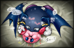 1boy 1other ? armor bed blue_eyes blue_wings blush boy_on_top drooling unworn_footwear gloves grey_eyes heavy_breathing holding_another&#039;s_foot japanese_text kirby kirby_(series) kurobedamu looking_at_another lowres lying mask unworn_mask meta_knight mittens mouth_drool nintendo no_humans on_back open_mouth oral pauldrons saliva shoulder_armor spread_legs star_(symbol) steam top_view translated wide-eyed wings