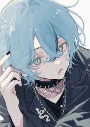 Rule 34 | 1boy, black choker, black jacket, black nails, black shirt, blue hair, braid, choker, earrings, green eyes, highres, jacket, jewelry, long sleeves, looking at viewer, male focus, nail polish, necklace, open mouth, original, shirt, short hair, simple background, solo, tofu momen5, white background