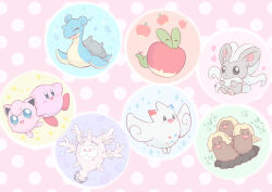 &gt;_&lt; 025sakura393 :d alolan_dugtrio alolan_form applin blush_stickers bright_pupils cinccino closed_eyes closed_mouth commentary_request crossover cursola frown gen_1_pokemon gen_4_pokemon gen_5_pokemon gen_7_pokemon gen_8_pokemon highres jigglypuff kirby kirby_(series) lapras nintendo no_humans open_mouth pokemon pokemon_(creature) sitting smile togekiss white_pupils