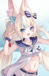 1girl :d animal_ear_fluff animal_ears arms_up blue_eyes blue_hair blush bow cat_ears ddog_(ddog39) dress fangs head_bow highres indie_virtual_youtuber looking_at_viewer multicolored_hair open_clothes open_dress open_mouth sameko_saba simple_background smile solo streaked_hair virtual_youtuber white_background