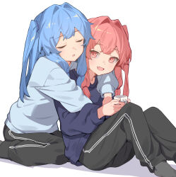 blue_hair copyright_request highres hug open_mouth pants red_eyes red_hair single_tooth sitting sweater sweatpants tooth yamamomo_(plank)