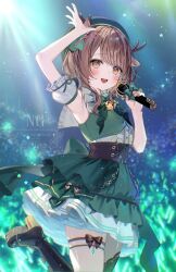 1girl :d absurdres arm_up armpits bare_shoulders black_shoes blush boots brown_eyes brown_hair detached_sleeves dress green_dress green_hat hand_up hat high_heel_boots high_heels highres holding holding_microphone indie_virtual_youtuber leg_bow looking_at_viewer microphone open_mouth purple_background samo_cha shoes short_sleeves smile solo thighhighs tsukishiba_kobato white_dress white_thighhighs