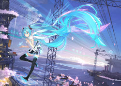 1girl absurdly_long_hair aqua_eyes aqua_hair beek boots cherry_blossoms cloud dutch_angle female_focus floating_hair hatsune_miku highres long_hair power_lines scarf skirt sky solo tattoo thigh_boots thighhighs twintails very_long_hair vocaloid