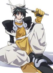 1boy baggy_pants black_footwear black_jacket blue_eyes cropped_jacket full_body gloves hair_between_eyes hat highres holding holding_weapon houshin_engi jacket light_smile looking_at_viewer pants short_hair silver_trim sitting solo spiked_hair taikoubou tunic vani_(hisha_04) weapon white_background white_hat white_pants yellow_gloves yellow_tunic