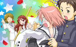 Rule 34 | 00s, 2boys, 2girls, black hair, blush, bokken, bousouzoku, brown hair, coat, delinquent, gotou yuuko, gotouza, gottouza, green eyes, highres, kogami akira, long hair, lucky star, multiple boys, multiple girls, one eye closed, ono daisuke, open mouth, oversized clothes, pink hair, red eyes, school uniform, serafuku, shiraishi minoru, short hair, sword, tokkoufuku, ubizo, weapon, wink, wooden sword