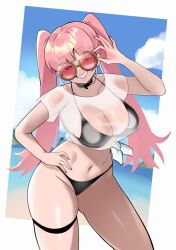 1girl alternate_costume beach bikini black_bikini black_choker black_thighlet breasts choker cleavage fire_emblem fire_emblem:_three_houses highres hilda_valentine_goneril jewelry large_breasts long_hair looking_at_viewer navel nintendo ocean one_eye_closed open_mouth outdoors pink-tinted_eyewear pink_eyes pink_hair see-through_clothes see-through_shirt shirt short_sleeves skindentation smile solo stomach sunglasses swimsuit teeth thighlet thighs tinted_eyewear twintails water white_shirt zet_(twt_zet)