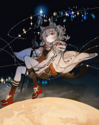 1girl absurdres angelina_(arknights) animal_ears arknights black_choker black_gloves black_shoes black_shorts black_socks brown_hair choker coat dot_nose earpiece floating_clothes fox_ears fox_girl fox_tail full_body gloves glowing hairband hand_on_own_knee highres holding holding_staff in_orbit infection_monitor_(arknights) jacket jiuxiaoshi kneehighs looking_at_viewer medium_hair moon open_clothes open_coat red_eyes red_hairband red_jacket shoes short_shorts shorts sidelocks smile socks solo space staff star_(symbol) striped_clothes striped_hairband tail twintails two-tone_hairband white_coat