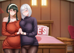Rule 34 | 2girls, asymmetrical docking, bed, belly-to-belly, black eyes, blush, bracelet, breast press, breasts, brown pantyhose, closed mouth, covered erect nipples, earrings, eyebrows hidden by hair, fiona frost, full-face blush, green hair, hair between eyes, hair over one eye, hairband, hanging light, holding hands, interlocked fingers, jewelry, large breasts, lips, looking at viewer, medium hair, multiple girls, nightstand, off-shoulder sweater, off shoulder, pantyhose, pregnant, purple sweater, red eyes, red sweater, shen q jun, short hair, smile, spy x family, sweater, turtleneck, turtleneck sweater, white hair, yes-no pillow, yor briar