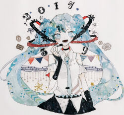 1girl 39 2017 :d adapted_costume adjusting_headset bare_shoulders black_choker black_gloves black_skirt blue_eyes blue_hair blush breasts bubbles_(shallows_o0) choker clothing_cutout collared_shirt commentary_request cropped_torso double-parted_bangs fingerless_gloves gem gloves gradient_hair grey_hair grey_necktie hair_ornament hand_up hatsune_miku headset highres long_hair looking_at_viewer masking_tape_(medium) mixed_media multicolored_hair musical_staff necktie open_mouth shirt shoulder_cutout sidelocks skirt small_breasts smile solo star_(symbol) traditional_media twintails unconventional_media very_long_hair vocaloid white_background white_shirt