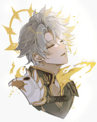 1boy 2_0_9 antenna_hair armor belt_collar black_choker black_collar blood blood_splatter bursting choker closed_eyes collar colored_tips floating_hair gold_blood gold_halo hair_between_eyes hashtag-only_commentary head_lift highres honkai:_star_rail honkai_(series) injury male_focus multicolored_hair parted_lips pauldrons phainon_(honkai:_star_rail) short_hair shoulder_armor simple_background single_pauldron solo spiked_hair sun_symbol white_background white_hair yellow_blood