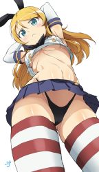 1girl :c armpits arms_up black_panties blonde_hair blue_eyes blush breasts commentary_request cosplay cowboy_shot crossover crotch elbow_gloves female_focus foreshortening from_below gloves hair_ribbon highleg highleg_panties kantai_collection kousaka_kirino long_hair looking_at_viewer midriff miniskirt navel no_bra ore_no_imouto_ga_konna_ni_kawaii_wake_ga_nai panties pleated_skirt ribbon school_uniform serafuku shift_(waage) shimakaze_(kancolle) shimakaze_(kancolle)_(cosplay) skirt small_breasts solo striped_clothes striped_thighhighs thighhighs thighs underboob underwear upshirt upskirt v-shaped_eyebrows white_gloves
