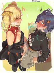 Rule 34 | 2futa, belle (zenless zone zero), black shirt, black skirt, blonde hair, blue hair, blush, breasts, burnice white, cum, ejaculation, futa with futa, futanari, grey skirt, handjob, heavy breathing, highres, long sleeves, looking at another, medium breasts, multiple futa, open mouth, penis, redfushsia, shirt, short hair, simple background, skirt, smile, surprised, zenless zone zero