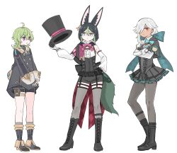 1girl 2boys :o ahoge animal_ears argyle arm_at_side back_bow black_corset black_dress black_footwear black_headwear black_jacket black_shorts blue_bow boots bow bowtie collei_(genshin_impact) commentary corset cosplay crossdressing crossed_arms cyno_(genshin_impact) dark-skinned_male dark_skin detached_sleeves dress fox_boy fox_ears fox_tail freminet_(genshin_impact) freminet_(genshin_impact)_(cosplay) genshin_impact gold_trim green_eyes green_hair grey_pantyhose grey_thighhighs hat highres himeko_(nico6v6pachi) holding holding_unworn_clothes holding_unworn_hat jacket long_sleeves looking_at_another looking_at_viewer lynette_(genshin_impact) lynette_(genshin_impact)_(cosplay) lyney_(genshin_impact) lyney_(genshin_impact)_(cosplay) multicolored_eyes multiple_boys pantyhose pink_bow pink_bowtie pink_eyes purple_eyes red_eyes shirt short_hair shorts simple_background single_leg_pantyhose tail thigh_strap thighhighs tighnari_(genshin_impact) top_hat two-tone_eyes unworn_hat unworn_headwear white_background white_pantyhose white_shirt
