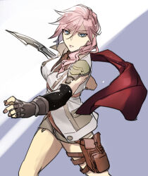Rule 34 | 1girl, absurdres, aqua eyes, armor, armored gloves, black gloves, breasts, cape, cowboy shot, elbow gloves, fighting stance, final fantasy, final fantasy xiii, fingerless gloves, gloves, gunblade, hair between eyes, hamagurihime, highres, holding, holding weapon, lightning farron, looking at viewer, medium breasts, medium hair, parted lips, pink hair, pouch, red cape, shoulder armor, sketch, solo, thigh pouch, vest, wavy hair, weapon, white vest