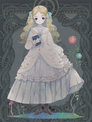 1girl blonde_hair blue_eyes blush book dairoku_ryouhei dress flower frilled_dress frills full_body grey_background hair_ribbon holding holding_book i3_(tw) lipstick long_hair long_sleeves looking_at_viewer makeup pale_skin parted_bangs ribbon skirt_hold solo standing white_dress