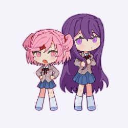 2girls :o blazer blue_shoes blue_skirt brown_jacket chibi chibi_only collared_shirt doki_doki_literature_club doki_doki_literature_club_school_uniform fang gold_buttons grey_background hair_intakes hair_ornament hair_ribbon hands_on_own_hips hashtag-only_commentary highres jacket kneehighs lapels layered_sleeves long_hair long_sleeves looking_at_viewer mary_janes miniskirt multiple_girls natsuki_(doki_doki_literature_club) neck_ribbon no_sclera open_mouth outline parted_lips pink_eyes pink_hair pink_outline playing_with_own_hair pleated_skirt purple_eyes purple_hair purple_outline red_ribbon ribbon school_uniform sebon_(sebochin) shirt shoes short_hair side-by-side simple_background skirt socks standing straight_hair swept_bangs two_side_up very_long_hair white_shirt white_socks yuri_(doki_doki_literature_club)