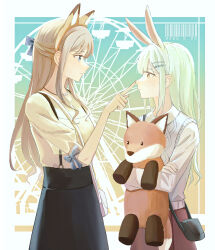 2girls animal_ear_hairband animal_ears bag bang_dream! bang_dream!_it&#039;s_mygo!!!!! barcode black_skirt blue_eyes brown_hair chinese_commentary closed_mouth commentary_request crimiko dated fake_animal_ears ferris_wheel finger_to_another&#039;s_nose fox_ears green_hair grey_sweater_vest hairband handbag highres long_hair long_sleeves multiple_girls nagasaki_soyo rabbit_ear_hairband rabbit_ears see-through_clothes see-through_sleeves shirt skirt smile stuffed_fox suspender_skirt suspenders sweater_vest wakaba_mutsumi white_shirt yellow_eyes