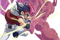 Rule 34 | 2boys, belt, belt buckle, black hair, buckle, character request, commentary request, duel monster, glowing, highres, multicolored hair, multiple boys, pants, red eyes, red hair, red vest, simple background, spiked hair, tsukumo yuma, two-tone hair, vest, white background, white pants, yu-gi-oh!, yu-gi-oh! zexal, zealmaker