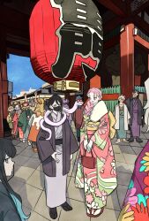 3girls 6+boys agatsuma_zenitsu arms_up bag black_hair blue_eyes blue_hair blue_sky blush_stickers boar_mask bob_cut brother_and_sister brothers butterfly_hair_ornament commentary_request full_body fur_scarf green_hair hair_ornament haori hashibira_inosuke heterochromia highres himejima_gyoumei holding holding_bag iguro_obanai japanese_clothes kaburamaru kamado_nezuko kamado_tanjirou kanroji_mitsuri kimetsu_no_yaiba kimono kochou_shinobu lantern mask mole mouth_mask multicolored_hair multiple_boys multiple_girls obi pink_hair rengoku_kyoujurou sandals sash scar scar_on_chest scar_on_face shinazugawa_genya shinazugawa_sanemi siblings sky snake socks statue takeuchi_ryousuke temple tokitou_muichirou tomioka_giyuu topless_male two-tone_hair uzui_tengen white_hair yellow_sash