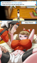 1boy 2girls absurdres bed bed_sheet bedroom bike_shorts bike_shorts_under_shorts biting_own_lip blue_eyes blush breasts brendan_(pokemon) brendan_(pokemon_oras) brown_hair character_name covered_erect_nipples fenrox hairband hetero highres hoenn_mother imminent_penetration large_breasts lying may_(pokemon) may_(pokemon_oras) medium_hair midriff mother_(pokemon) multiple_girls navel nintendo on_back pillow pokemon pokemon_oras red_shirt screenshot_inset shirt shorts smile spread_legs unbottoned white_shorts