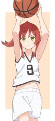1girl absurdres alternate_costume alternate_hairstyle ball basketball_(object) basketball_uniform blush bocchi_the_rock! border collarbone commentary_request cowboy_shot green_eyes hair_between_eyes highres kita_ikuyo midriff mimori_(mimori_05) navel open_mouth orange_background outside_border ponytail red_hair shorts sidelocks solo sportswear sweat throwing vest white_border white_shorts white_vest