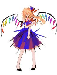 Rule 34 | 1girl, alternate costume, black shoes, blonde hair, blue dress, bow, cerevevisiae, crystal, dress, flandre scarlet, full body, hair between eyes, hair bow, highres, long hair, looking at viewer, one side up, open mouth, red bow, red eyes, shoes, simple background, sleeveless, sleeveless dress, solo, standing, touhou, white background, wings