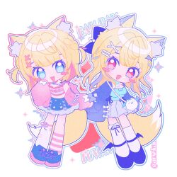 Rule 34 | 2girls, :3, :d, animal ear fluff, animal ears, aosekaco, arm at side, arms at sides, artist name, asymmetrical legwear, bag, bandaid, bandaid on knee, bandaid on leg, blonde hair, blue bow, blue eyes, blue footwear, blue hair, blue jacket, blue outline, blue shirt, blue skirt, blush stickers, bow, braid, center-flap bangs, character bag, clothes writing, commentary, deformed, dog ears, dog girl, dog tail, dot nose, fang, film grain, frilled shirt, frills, full body, fur-trimmed skirt, fur trim, fuwawa abyssgard, fuwawa abyssgard (casual), grey skirt, hair bow, hair ornament, hairclip, hand up, highres, hololive, hololive english, jacket, long hair, long sleeves, looking at viewer, mococo abyssgard, mococo abyssgard (casual), multicolored hair, multiple girls, official alternate costume, open clothes, open jacket, open mouth, outline, perroccino (fuwamoco), pink eyes, pink hair, pink jacket, pink outline, pink socks, pleated skirt, shirt, shoes, short hair, short twintails, shoulder bag, siblings, simple background, single off shoulder, sisters, skin fang, skirt, sleeve bow, smile, sneakers, socks, sparkle, streaked hair, striped clothes, striped socks, symbol-only commentary, tail, thighhighs, twins, twintails, twitter username, virtual youtuber, white background, white bag, white outline, white shirt, white socks, winged footwear, x hair ornament