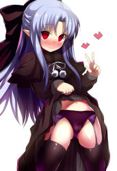 1girl absurdres black_dress black_thighhighs blue_hair blush bow clothes_lift dress dress_lift empty_eyes garter_straps highres len_(tsukihime) lifting_own_clothes long_hair melty_blood navel panties pointy_ears purple_panties red_eyes ribbon shimejinameko smile solo thighhighs tsukihime underwear v