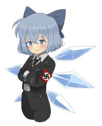 &gt;:) 1girl absurdres bad_link belt black_belt black_cat03 black_gloves black_jacket black_pants blue_bow blue_eyes blue_hair blush bow cirno crossed_arms gloves hair_bow highres ice ice_wings jacket long_sleeves military military_dress_uniform military_uniform nazi necktie pants shirt short_hair simple_background smile swastika touhou v-shaped_eyebrows white_background white_shirt wings