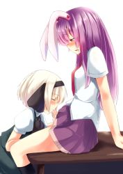 1futa 1girl animal_ears arm_support black_legwear blush bob_cut cum cum_in_mouth desk drooling fellatio futa_with_female futanari hairband konpaku_youmu light_purple_hair long_hair mokoke necktie on_desk open_mouth oral penis profile rabbit_ears red_eyes red_necktie reisen_udongein_inaba saliva short_hair short_sleeves simple_background sitting skirt table thighs touhou uncensored white_background white_hair