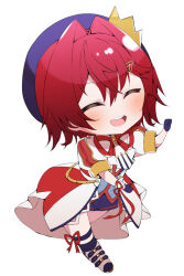 1girl ^_^ ange_katrina beret blue_gloves blue_hat blue_shorts blue_socks blush boots chibi closed_eyes commentary_request crown_hat_ornament full_body gloves hair_between_eyes hair_intakes hair_ornament hairclip hand_up hat jacket leg_ribbon medium_hair neck_ribbon nijisanji open_mouth red_hair red_ribbon ribbon sanbaka_anniversary_outfit shigure_(sigre) short_sleeves shorts simple_background single_wrist_cuff smile socks solo teeth upper_teeth_only virtual_youtuber white_background white_boots white_jacket white_wrist_cuffs wrist_cuffs wrist_ribbon