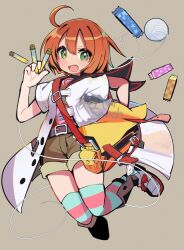 1girl bag brown_background etrian_odyssey full_body green_eyes hand_up highres hirotaka_(hrtk990203) holding holding_vial horizontal-striped_socks lab_coat medic_(sekaiju) medic_2_(sekaiju) open_mouth orange_hair pink_shirt redrawn sailor_collar shin_guards shirt shoes shorts shoulder_bag socks solo striped_clothes striped_socks thighhighs vial white_shoes yarn