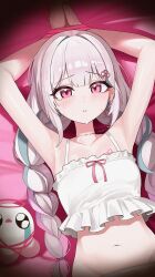 1girl absurdres armpits arms_up bare_arms bare_shoulders bed_sheet bound bound_wrists braid character_request commentary_request creature crop_top earrings frilled_shirt frills highres indie_virtual_youtuber jewelry lying midriff multicolored_hair navel necklace on_back parted_lips pink_eyes setakman shirt sleeveless sleeveless_shirt solo spaghetti_strap stomach streaked_hair tearing_up twin_braids twintails virtual_youtuber white_hair white_shirt