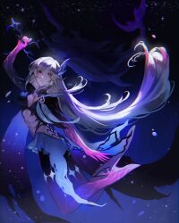 1girl alternate_costume arm_up breasts commentary english_commentary fins full_body galaxy_background genshin_impact gloves grey_hair hair_between_eyes hair_ornament highres holding holding_sword holding_weapon long_hair looking_at_viewer medium_breasts navel parted_lips purple_gloves red_eyes skirk_(genshin_impact) solo star_(symbol) star_print starbights sword very_long_hair weapon whale