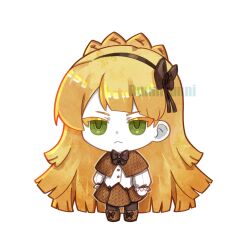 Rule 34 | 1girl, :&lt;, black pantyhose, blonde hair, bow, bowtie, braid, brown bow, brown bowtie, brown capelet, brown hairband, brown shoes, brown skirt, capelet, chibi, closed mouth, crown braid, full body, funnibunni, green eyes, hairband, highres, lobotomy corporation, long hair, long sleeves, looking at viewer, pantyhose, project moon, shirt, shoes, simple background, skirt, solo, standing, tiphereth a (project moon), very long hair, white background, white shirt