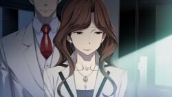 1boy 1girl behind_another black_shirt black_trim blue_shirt breast_pocket breasts brown_eyes brown_hair brown_vest business_suit buttons cleavage collarbone collared_shirt dim_lighting earrings eyes_out_of_frame formal_clothes frown fukuda_tomonori game_cg grey_jacket hair_over_shoulder head_out_of_frame highres indoors jacket jewelry lapels large_breasts lipstick long_hair long_sleeves looking_to_the_side makeup mature_female necklace necktie non-web_source notched_lapels official_art parted_bangs pendant_earring pocket polka_dot_necktie red_lips red_necktie robotics;notes sawada_toshiyuki senomiya_misaki serious shiny_lips shirt suit suit_jacket sunlight unsure vest window_light