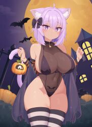 Rule 34 | 1girl, absurdres, animal ear fluff, animal ears, bat (animal), bat tattoo, bikini, black bikini, black leotard, black thighhighs, breasts, castle, cat ears, cat girl, cat tail, cowboy shot, full moon, gabai, halloween, highres, hololive, horizontal-striped thighhighs, large breasts, leotard, moon, nekomata okayu, pubic tattoo, pumpkin, purple eyes, purple hair, purple tail, see-through clothes, see-through leotard, solo, swimsuit, tail, tattoo, thighhighs, two-tone thighhighs, variant set, virtual youtuber, white thighhighs, zombie (vocaloid)