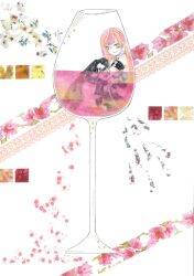 Rule 34 | 1girl, 922pochan, abstract, armband, bare shoulders, black shirt, black skirt, boots, brown boots, commentary, crop top, cup, drinking glass, english commentary, highres, hugging own legs, knees up, long hair, looking at viewer, masking tape (medium), megurine luka, mixed media, partially submerged, pink eyes, pink hair, pink theme, shirt, sidelocks, sitting, skirt, smile, solo, swept bangs, traditional media, unconventional media, vocaloid, white background, wine glass